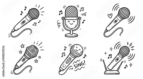 singing microphone, Hand-drawn outline doodle sketches vector set collection , white background , PNG and SVG isolate