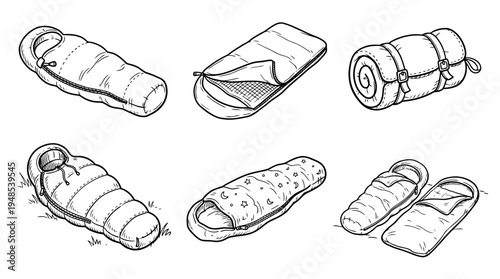 sleeping bag, Hand-drawn outline doodle sketches vector set collection , white background , PNG and SVG isolate