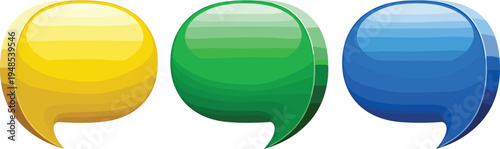 Glossy colorful speech bubble icons set in yellow green blue shiny chat symbols for messaging communication app interface design vector illustration collection