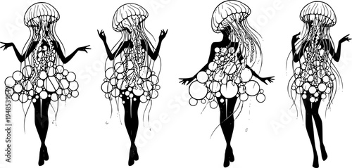 Surreal fashion concept of model with iridescent bubble dress and neon jellyfish