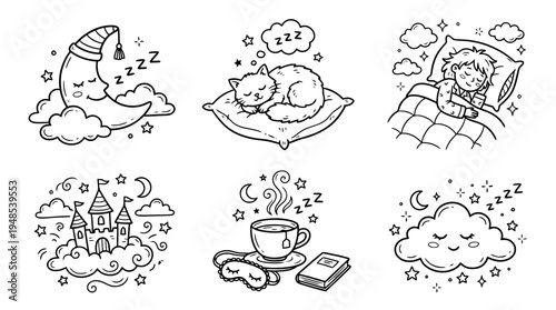 sleepy dream, Hand-drawn outline doodle sketches vector set collection , white background , PNG and SVG isolate