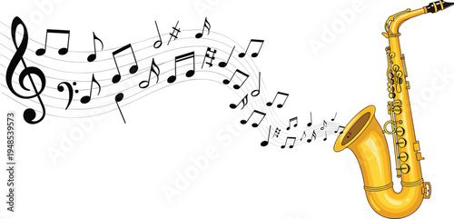 Golden saxophone with flowing musical notes melody jazz music instrument vector illustration sound wave rhythm concept isolated background design