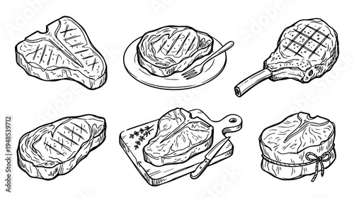 steak, Hand-drawn outline doodle sketches vector set collection , white background , PNG and SVG isolate