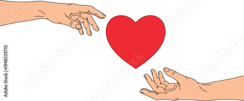Hands reaching toward red heart symbol representing love, care, compassion and support concept, minimal vector illustration for relationship theme