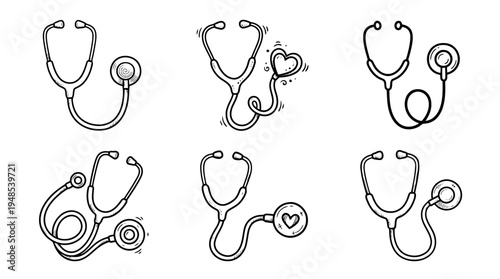 stethoscope, Hand-drawn outline doodle sketches vector set collection , white background , PNG and SVG isolate