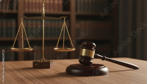 Judge's gavel and scales of justice in law library