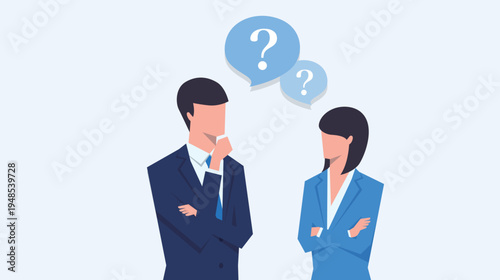 ハテナマークと考えるポーズのスーツを着た男女のベクターイラスト