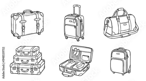 suitcase, Hand-drawn outline doodle sketches vector set collection , white background , PNG and SVG isolate