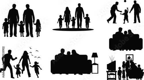 Happy family silhouettes collection showing parents and children walking, playing, running and watching television together isolated on white background vector set