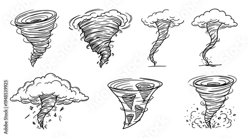 tornado, Hand-drawn outline doodle sketches vector set collection , white background , PNG and SVG isolate