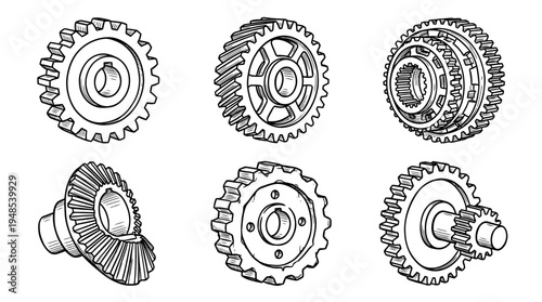 transmission gear, Hand-drawn outline doodle sketches vector set collection , white background , PNG and SVG isolate