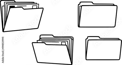 Open folder and close folder. Folders with documents. Four Folders icons. Vector illustration.
