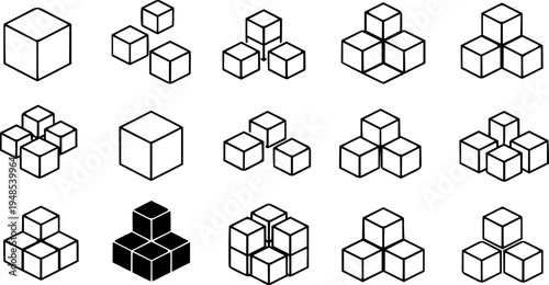 Set of cubes vector icons. Black simple cube pictogram. 3d box graphic concept. Graphic element vector.
