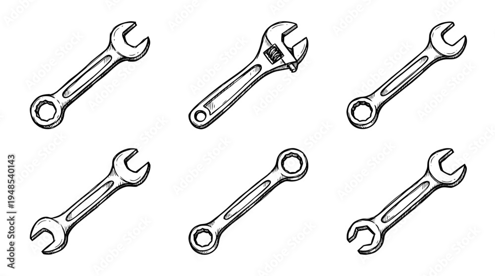 Naklejka premium wrench spanner, Hand-drawn outline doodle sketches vector set collection , white background , PNG and SVG isolate