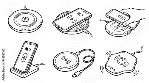 wireless charging pad, Hand-drawn outline doodle sketches vector set collection , white background , PNG and SVG isolate