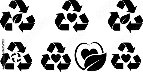 Recycle vector icon set. Arrows, heart and leaf recycling eco green symbol. Rounded angles. Recycled signs illustration isolated on white background.
