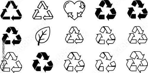 Recycle vector icon set. Arrows, heart and leaf recycling eco green symbol. Rounded angles. Recycled signs illustration isolated on white background.
