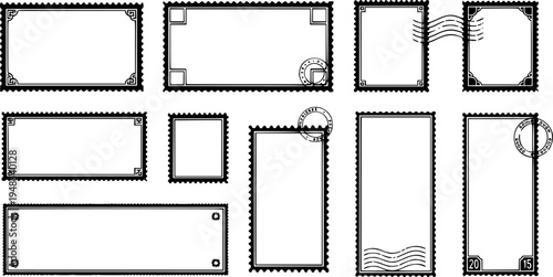 Set Postage stamps template. Blank frame of postal stamp for mail envelope. Vector illustration EPS10.
