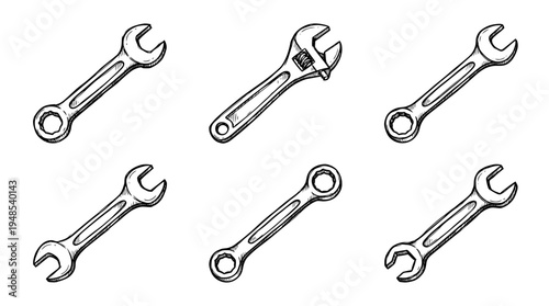 wrench spanner, Hand-drawn outline doodle sketches vector set collection , white background , PNG and SVG isolate