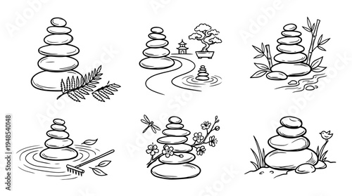 zen stones, Hand-drawn outline doodle sketches vector set collection , white background , PNG and SVG isolate