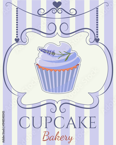 Vintage bakery banner with cupcake. Delicious baked goods, muffins, pancakes, shop, bakery