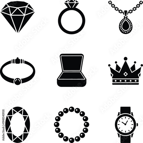 Collection of Jewelry Icons Diamond Ring Necklace Bracelet Crown and Watch