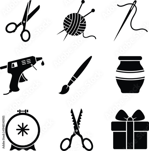 Icons for Crafting and Hobbies Scissors Yarn Paintbrush Hot Glue Gun Gift hobby knitting