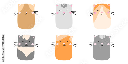 Animal cat character with illustration wool cartoon and icon cute face. Valentine domestic sitting with silhouette eye lucky and pet flat funny. Kitty gift animal with sticker set illustration