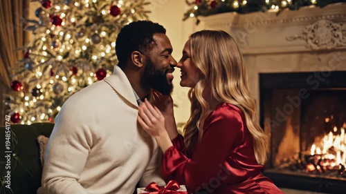 Joyful Christmas celebration with exchanging gifts by the fireplace