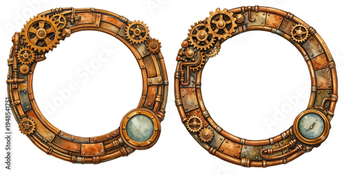 A watercolor collection of steampunk gear frames for vintage mechanical designs, industrial decoration themes, and retro technology illustrations.