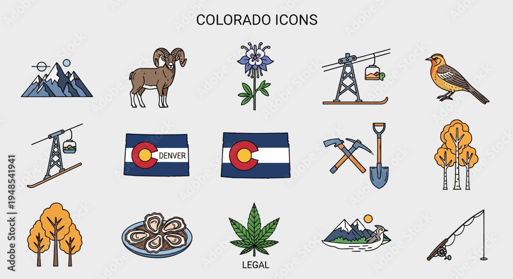Obraz premium Colorado State Icons A Collection of Symbols Representing The Centennial State's Culture, Nature, and Industry