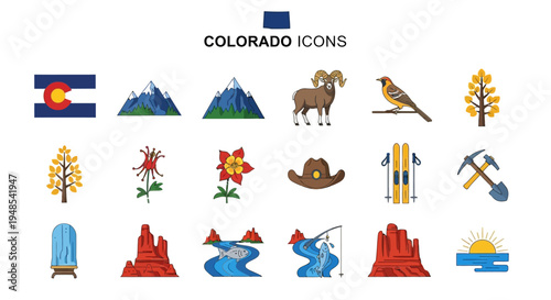Colorado Icons Collection State Symbols, Landmarks, and Outdoor Activities for Design Projects