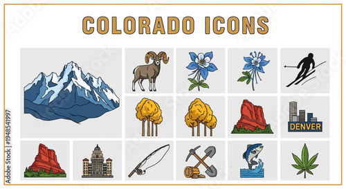 Vivid vector icons representing the diverse essence of Colorado, including majestic mountains, iconic wildlife, native flora, outdoor recreation, and famous city landmarks