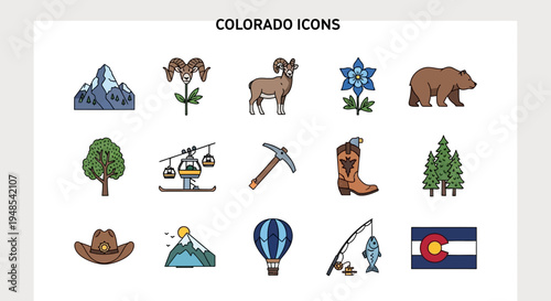 Colorado Icons representing nature, wildlife, and adventure activities