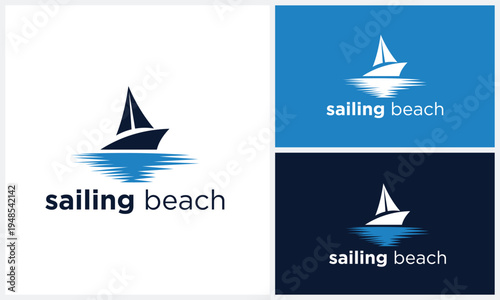 Sailing Yacht Boat Ship Sailboat with Sea Ocean Beach River logo design