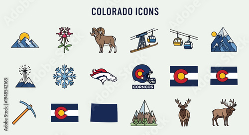 Colorado Icons collection with mountain, elk, Rocky Mountains, ski lift, and state flag