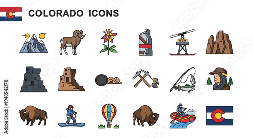 Colorado Icons featuring Rocky Mountains, wildlife, and outdoor activities symbolizing the state's natural beauty and adventurous spirit