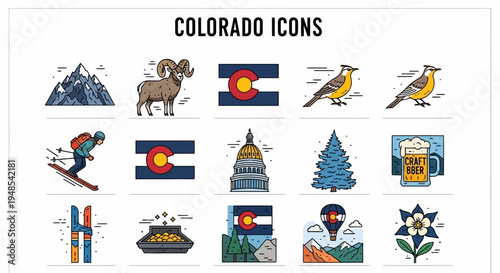 Vector illustration set featuring diverse regional symbols, outdoor activities, wildlife, and architectural landmarks in a modern line art style, perfect for travel and regional identity concepts