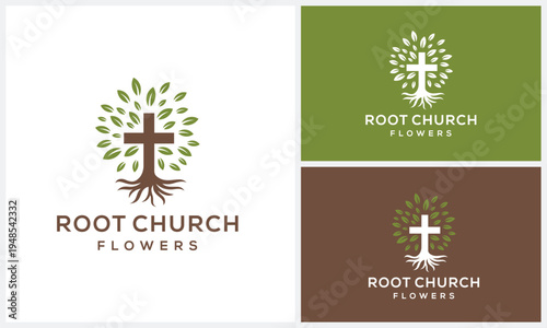 Church Cross Cristian with Root Nature and Leves Nature Flower logo design	
