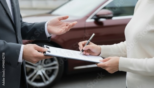 Customer signing new car purchase agreement at dealership