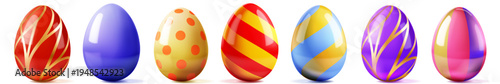 Set of 7 Easter eggs with various patterns and colors on white background with soft shadows and reflections.