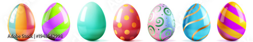 Set of shiny Easter eggs with stripes, dots, and swirls on white background, soft shadows, and bright colors.