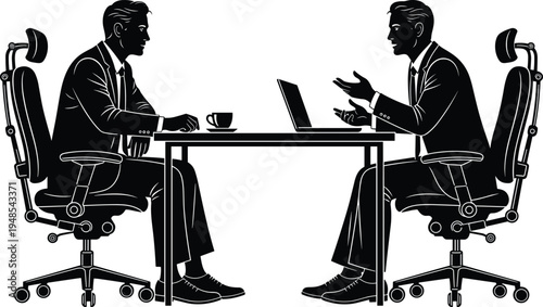 Business meeting silhouettes, corporate communication illustration, professional interview concept, workplace collaboration scene, office teamwork diversity, career success environment