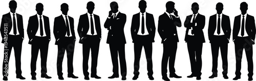 Business men silhouettes, corporate attire illustration, professional standing poses, workplace culture concept, career success representation, formal office diversity group