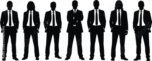 Business men silhouettes, corporate attire illustration, professional standing poses, workplace unity concept, career success representation, formal office culture diversity group