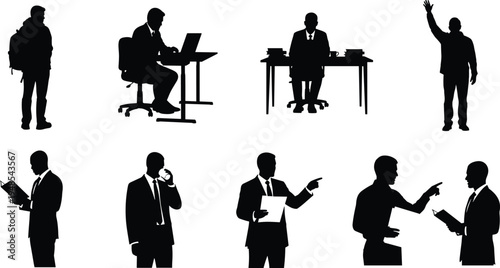 Professional men silhouettes, workplace communication illustration, office teamwork poses, corporate business attire, career growth concept, casual and formal professional activities
