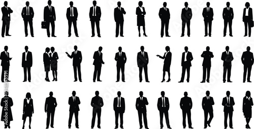 Business professionals silhouettes, corporate attire diversity, office teamwork illustration, workplace culture concept, career success poses, professional men and women standing together