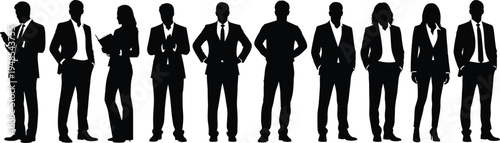 Business professionals silhouettes, corporate attire illustration, office teamwork diversity, workplace culture concept, professional men and women poses, career success representation