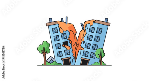 Cartoon illustration of two damaged buildings splitting apart after a natural disaster, earthquake, or demolition, showing structural failure and collapse.