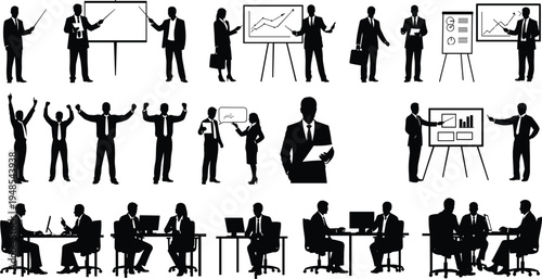 Business presentation silhouettes, corporate teamwork illustration, office collaboration concept, workplace diversity, professional success poses, career growth scene, data analysis figures